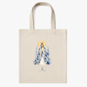 Ecobag com estampa frontal de figura religiosa centralizada, emoldurada por detalhes florais azulados intricados e aura dourada acima da cabeça.