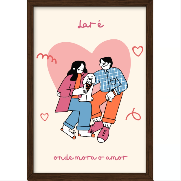 {"product-type":"quadros","description":"Quadro com estampa ilustrativa de casal e cachorro sobre coração grande, pequenos corações e palavras 'lar é onde mora o amor' ao redor."}