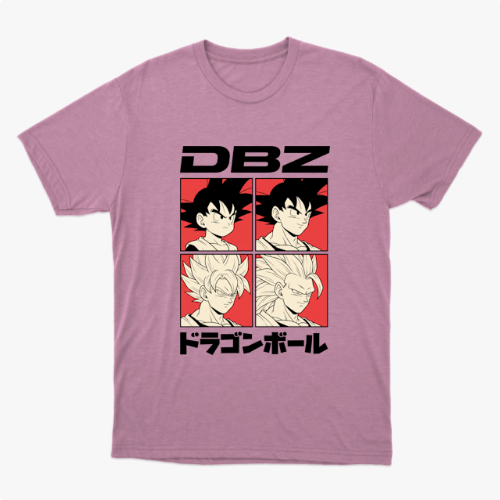 Camiseta com estampa frontal de quatro quadrados ilustrando personagens de cabelo arrepiado, acompanhados pelas letras "DBZ" acima e texto em japonês abaixo.