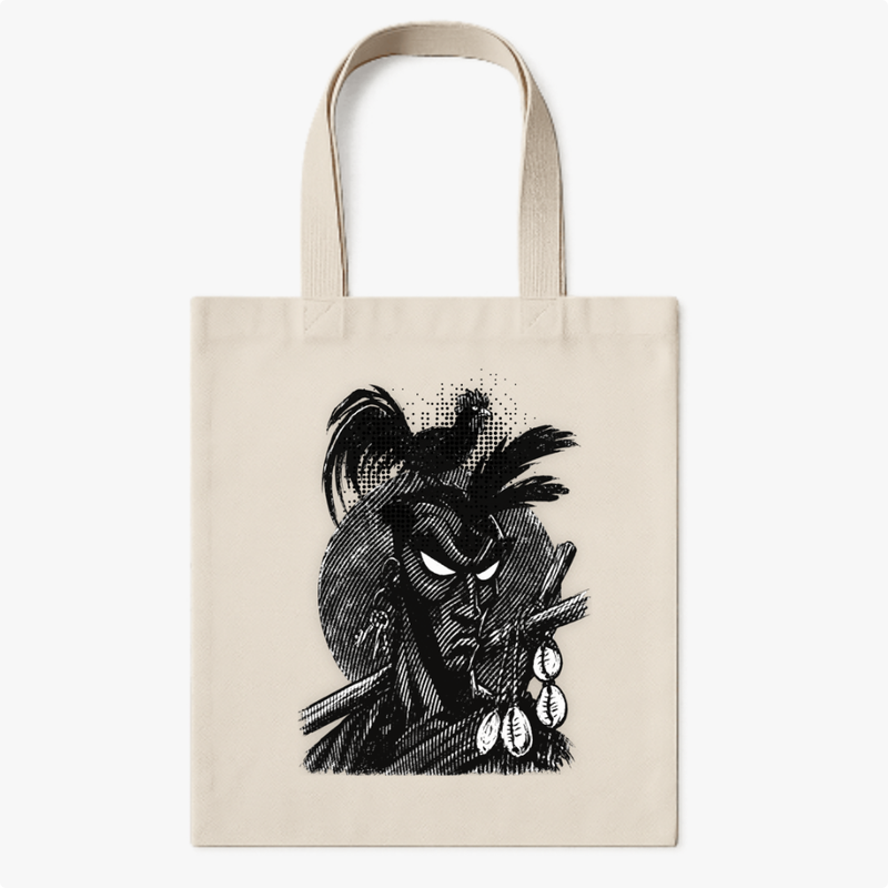 Ecobag com estampa frontal de rosto estilizado em traços artísticos, adornado com elementos tribais e um pássaro pousado no topo.