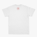 Camiseta com estampa frontal de texto "EU ❤️ TRANSMASCs" ao lado de um coração flechado, e estampa traseira circular com símbolo e palavra "TRANSVERSICAL".