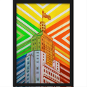 Quadro com estampa de arranha-céu imponente coroado com bandeira e fundo geométrico vibrante em padrões diagonais multicoloridos contrastantes.