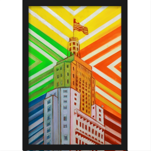Quadro com estampa de arranha-céu imponente coroado com bandeira e fundo geométrico vibrante em padrões diagonais multicoloridos contrastantes.