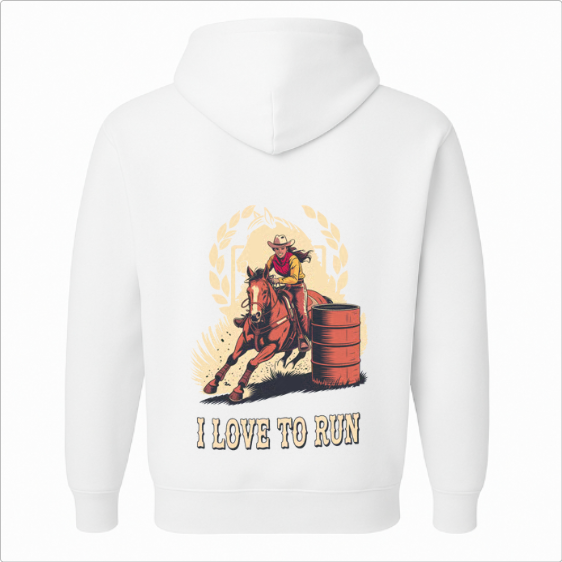 Moletom com estampa frontal de cavalo estilizado e plantas circundantes, e estampa traseira de cowboy em cavalo, contornado por louros, com barril e a frase "I LOVE TO RUN".