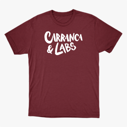 Camiseta com estampa frontal de texto estilizado apresentando as palavras "CARRANCA & LABS" em uma tipografia marcante e atraente.
