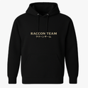 Moletom com estampa frontal de "RACCON TEAM" em letras maiúsculas, seguido por caracteres japoneses logo abaixo, centrados na área do peito.