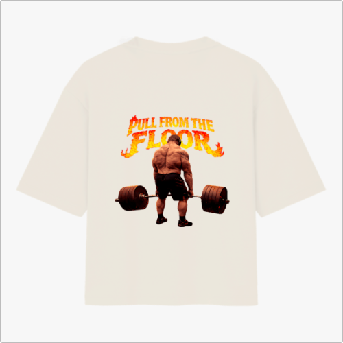 Camiseta com estampa frontal de letras estilizadas "TFK" e "TF#" e estampa traseira de homem levantando peso sob as palavras flamejantes "PULL FROM THE FLOOR".