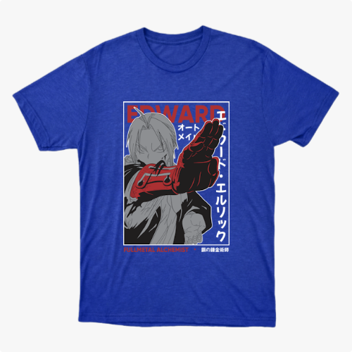 Camiseta com estampa frontal de personagem estilizado em tons de cinza e vermelho, com elementos de design geométrico e texto ao redor.