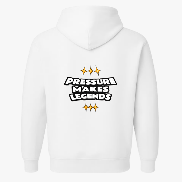 Moletom com estampa traseira de texto centralizado "Pressure Makes Legends" rodeado por três símbolos de estrela acima e abaixo do texto.