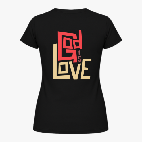 Camiseta com estampa frontal de "God is Love" estilizado, com caracteres entrelaçados, e estampa traseira expandida da mesma frase em maior proporção.