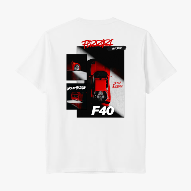 Camiseta com estampa frontal de carro esportivo em várias perspectivas, com textos estilizados, incluindo "F40", "Born to Race" e "Stay Inspired".