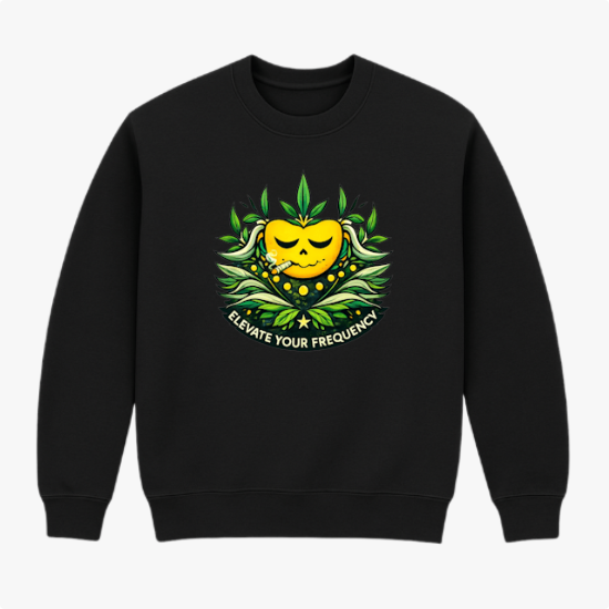 Moletom com estampa frontal de um coração sorridente amararelo cercado por folhas estilizadas, acompanhado da frase "ELEVATE YOUR FREQUENCY" em destaque.