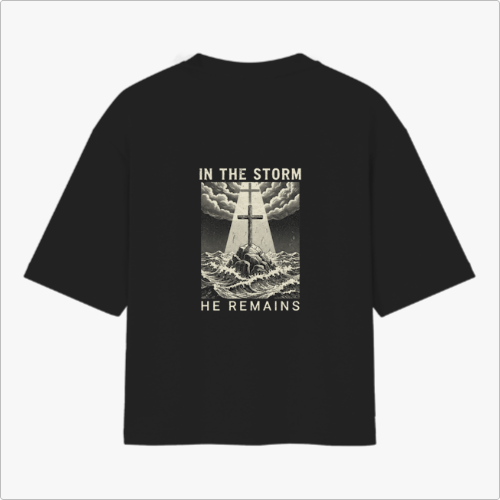 Camiseta com estampa frontal de pequeno logotipo decorativo e estampa traseira de ilustração de cruz entre nuvens e ondas com a frase “In the storm he remains”.