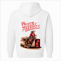 Moletom com estampa frontal de cavalo em escudo e estampa traseira de cavaleira contornando barril, acompanhada do texto "Queen of the Barrels".