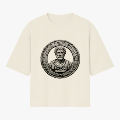Camiseta com estampa frontal de um busto clássico em relevo de um filósofo romano, rodeado por uma inscrição em latim dentro de uma moldura circular detalhada.