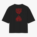 Camiseta com estampa frontal de "HOPE" estilizado em letras justapostas e estampa traseira com frases misturando palavras em formato de ampulheta.