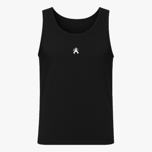 Camiseta regata com estampa frontal de um símbolo estilizado central contendo letras organizadas em um formato simétrico e abstrato distinguível.