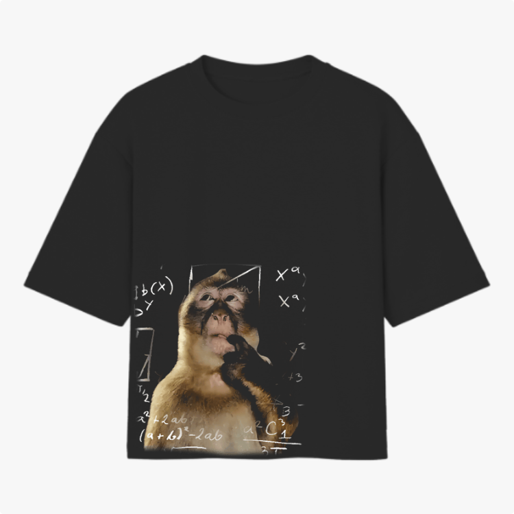 Camiseta com estampa frontal de macaco cercado por fórmulas matemáticas complexas, criando um contraste intrigante entre o animal e os cálculos.