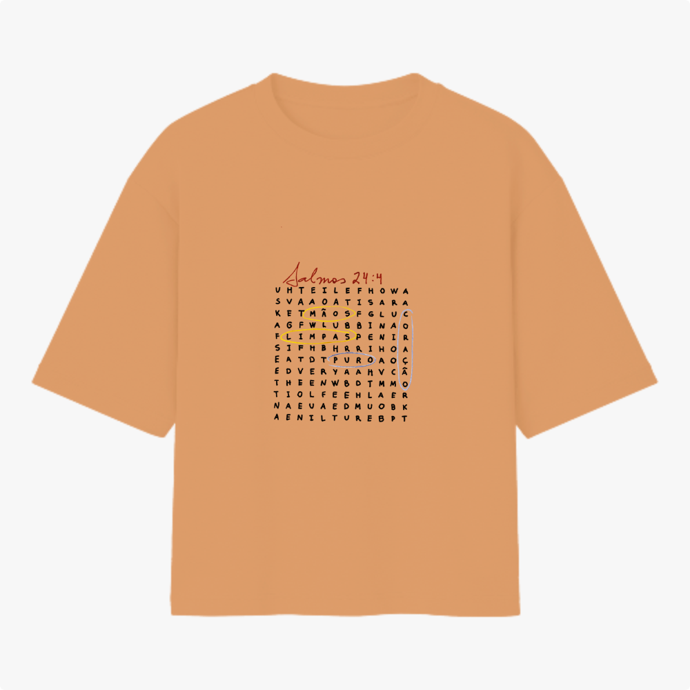 Camiseta com estampa frontal de um caça-palavras com letras agrupadas em quadrado e título "Salmos 24:4" destacado em escrita cursiva no topo.