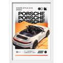 Quadro com estampa frontal de carro conversível com três logos "Porsche" sobrepostos, fundo degrade e texto "911 Carrera S Cabriolet 2019".
