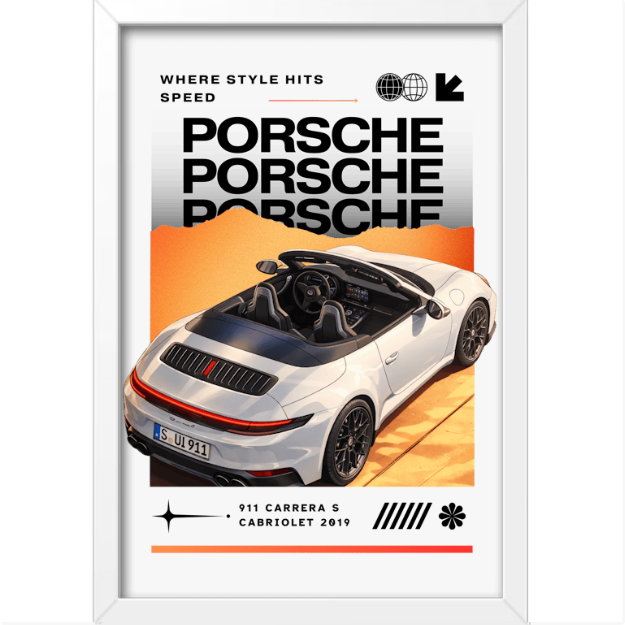 Quadro com estampa frontal de carro conversível com três logos "Porsche" sobrepostos, fundo degrade e texto "911 Carrera S Cabriolet 2019".