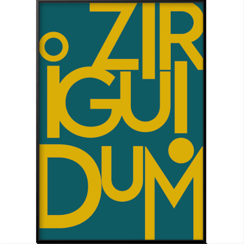 Quadro com estampa frontal de letras de diferentes tamanhos formando a palavra "ZIRIGUIDUM", apresentando um design contemporâneo e tipográfico.