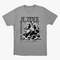 Camiseta com estampa frontal de deidade mitológica segurando um tridente sobre ondas, acompanhada das palavras "Justice", "Train Bodybuilder" e outros textos decorativos.