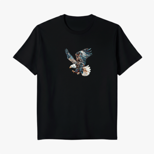Camiseta com estampa frontal de águia em voo, capturando detalhes nas asas abertas e penas texturizadas, expressando movimento e precisão.