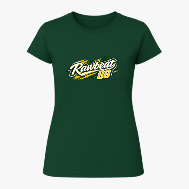 Camiseta com estampa frontal de "Rawbeat 88" em estilo esportivo dinâmico e estampa traseira de "Brasil 88" com mesmo estilo impactante.