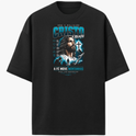Camiseta com estampa frontal de Jesus Cristo com cabelo longo, barba, vestimentas tradicionais, cruz ao lado e texto "Cristo é relação, a fé move montanhas".