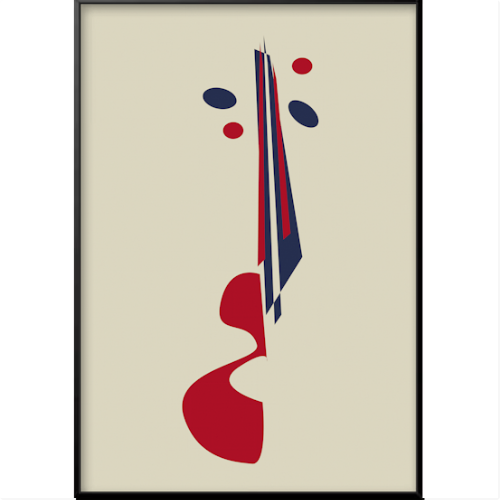 Quadro com estampa de formas geométricas abstratas, incluindo linhas verticais alongadas e curvas sobrepostas, combinadas com pontos dispersos.