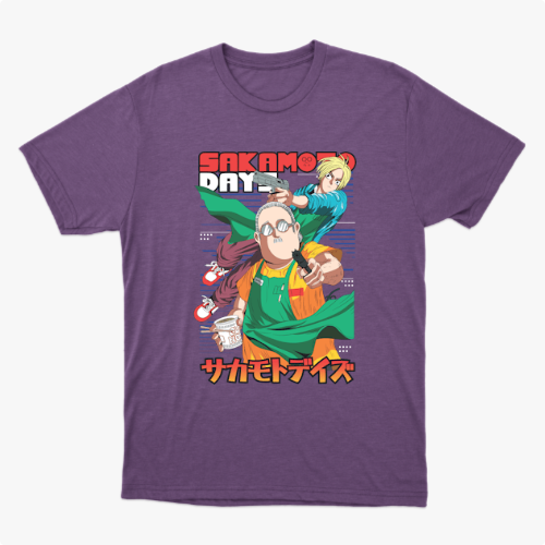 Camiseta com estampa frontal de dois personagens em estilo anime, um segurando café e outro apontando, com texto em japonês e inglês acima e abaixo.