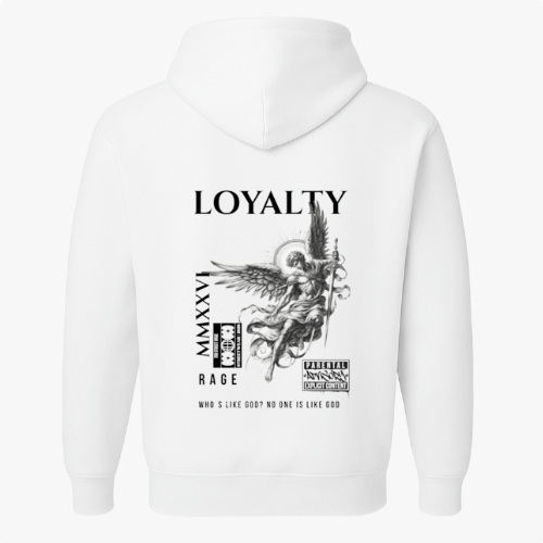 Moletom com estampa frontal de pequeno desenho de dragão e estampa traseira de anjo com espada, textos "LOYALTY" e mensagens adicionais.