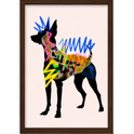 Quadro com estampa de silhueta de cachorro preenchida com padrões ondulados em cores vibrantes, incluindo azuis, amarelos, rosas e verdes.