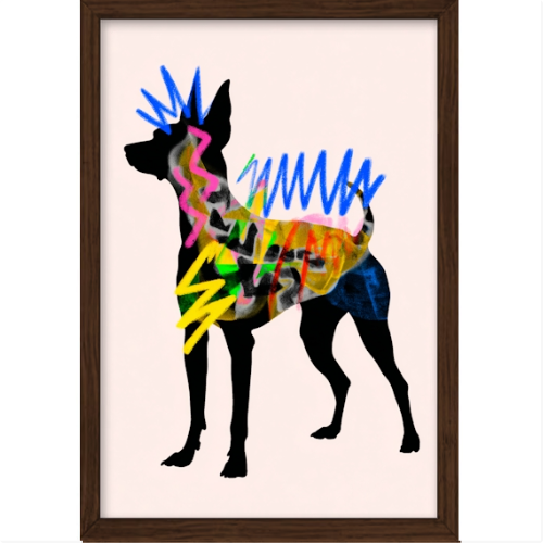 Quadro com estampa de silhueta de cachorro preenchida com padrões ondulados em cores vibrantes, incluindo azuis, amarelos, rosas e verdes.