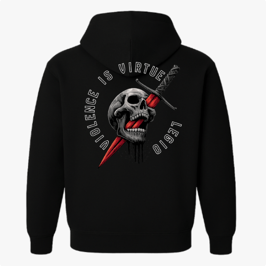 Moletom com estampa frontal de texto "VIOLENCE IS VIRTUE LEGIO" e estampa traseira de crânio perfurado por adaga vermelha, rodeado pelo mesmo texto.