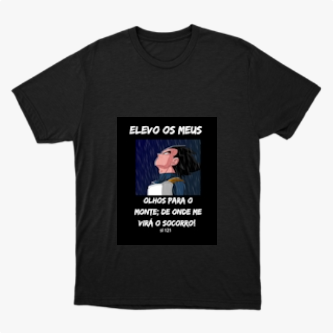Camiseta com estampa frontal de personagem olhando para cima, texto "ELEVO OS MEUS OLHOS PARA O MONTE; DE ONDE ME VIRÁ O SOCORRO?" e referência bíblica.