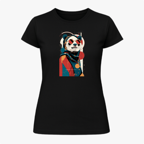 Camiseta com estampa frontal de panda estilizado usando óculos escuros, lenço e traje moderno, inserido em um design geométrico abstrato.