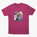 Camiseta com estampa frontal de dois personagens estilo anime, um rapaz e uma moça, acompanhados de instrumentos musicais e elementos urbanos ao fundo.