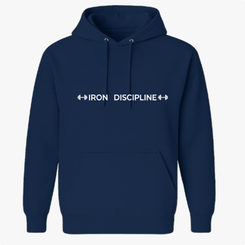 Moletom com estampa frontal de duas hastes de halteres em torno das palavras "IRON DISCIPLINE" em um estilo tipográfico clean e direto.