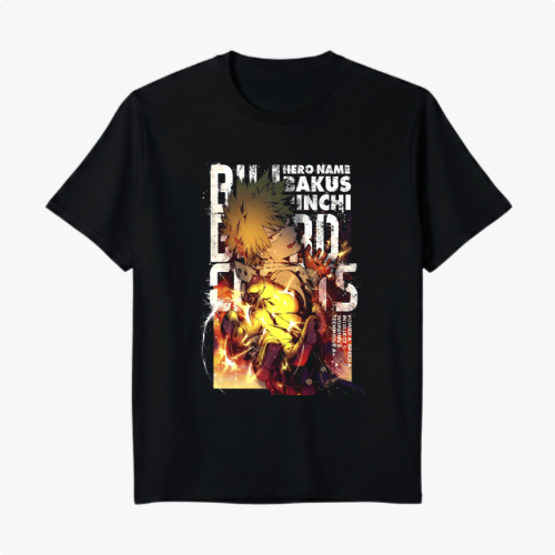 Camiseta com estampa frontal de personagem de anime em pose dinâmica, cercado por efeitos explosivos e inscrições estilizadas na área superior.