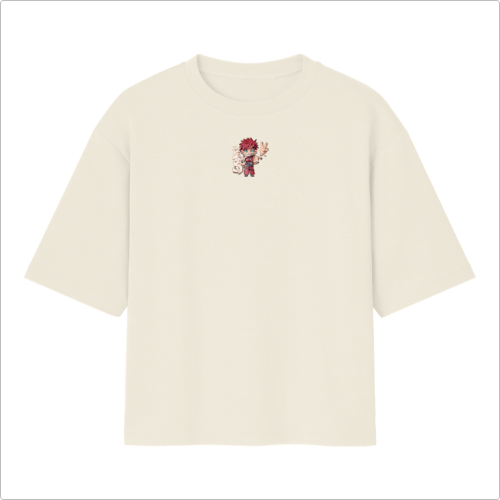 Camiseta com estampa frontal de personagem em estilo desenho animado, vestindo roupas detalhadas e apresentando uma expressão de atitude com a mão levantada.