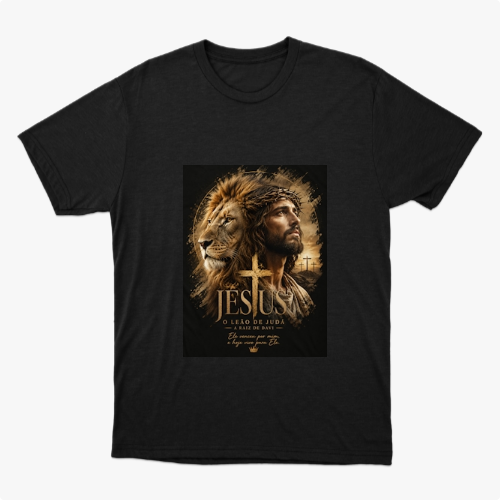 Camiseta com estampa frontal de um leão junto ao rosto de um homem em grafismo detalhado, acompanhada por cruzes e escrita artística.