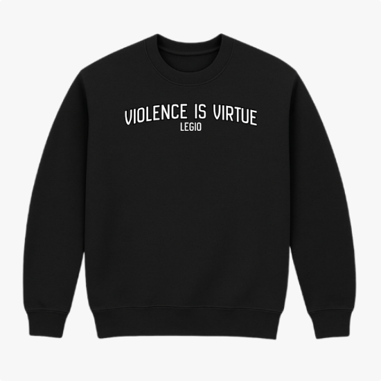 Moletom com estampa frontal de "Violence is Virtue Legio" em texto e estampa traseira de crânio perfurado por espada, texto circundante "Violence is Virtue Legio".