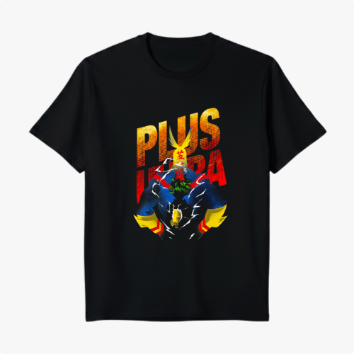 Camiseta com estampa frontal de um herói com cabelos dourados, capa azul e detalhes vermelhos, fundo com a frase "PLUS ULTRA" em letras estilizadas.