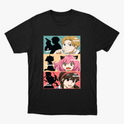 Camiseta com estampa frontal de três painéis mostrando silhuetas e personagens, com textos: "A Spy", "The Father", "Telepath", "The Daughter", "An Assassin", "The Mother".