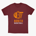 Camiseta com estampa frontal de uma bola de basquete e aro estilizados, acompanhados pelo texto "BONITO BASKETBALL" em letras chamativas.