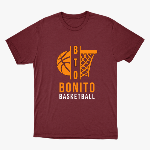 Camiseta com estampa frontal de uma bola de basquete e aro estilizados, acompanhados pelo texto "BONITO BASKETBALL" em letras chamativas.