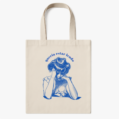 Ecobag com estampa frontal de ilustração retrô de uma mulher com as mãos no rosto, complementada pela frase "queria estar lendo" na parte superior.