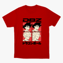 Camiseta com estampa frontal de quatro quadrados ilustrando personagens de cabelo arrepiado, acompanhados pelas letras "DBZ" acima e texto em japonês abaixo.